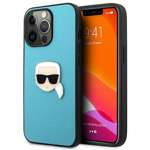 Pouzdro KARL LAGERFELD Apple iPhone 13 Pro Max kožené Ikonik Karl`s Head kovový modrý pevný obal