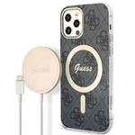 Sada Pouzdro Guess Case+ nabíječka iPhone 12/12 Pro black/black hard case 4G Print MagSafe
