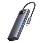 Dokovací stanice Baseus Metal Gleam Series HUB 6 v 1 USB typu C – 1 x HDMI / 3 x USB 3.2 Gen. 1/1 x napájení / 1 x VGA šedá (WKWG030013)