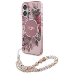 Etui Guess iPhone 16 6.1" różowy/pink hardcase IML Flowers With Pearl Strap MagSafe