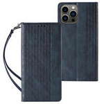 Magsíťový popruh Case obal iPhone 14 Plus flip cover peněženka mini lanyard stand modrá