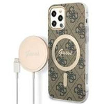 Sada Pouzdro Guess Case+ nabíječka iPhone 12/12 Pro hnědá/hnědá tvrdá case 4G Print MagSafe