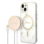 Sada Pouzdro Guess Case+ nabíječka iPhone 14 Plus 6,7" bílá/bílá hard case Marble MagSafe