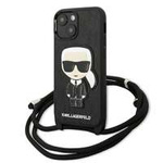 Hülle KARL LAGERFELD Apple iPhone 13 Mini Leder Monogramm Patch und Schnur Iconik Schwarz Hartcase