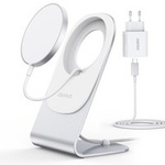 [B WARE] Choetech MagSafe Qi Kabelloses Ladegerät 15 W mit Aluminiumständer Silber + PD 20 W AC-Ladegerät (H047 + Q5004)