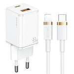 USAMS Charg. 1xUSB-C+1xUSB T43 33W PD3.0 +QC3.0 + kabel U63 USB-C zu Lightning weiß/weiß USKTZ02