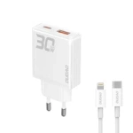 Dudao A30EUL GaN-Wandladegerät 30 W USB-A / USB-C + USB-C – Lightning Kabel – Weiß