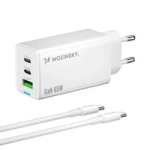 Wozinsky GaN 65W Ladegerät mit 2xUSB-C USB-Anschlüssen mit 65W CC-Kabel - Weiß