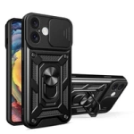 Hybrid Armor Camshield Panzerhülle für iPhone 16 mit Kameraabdeckung und Ständer – Schwarz