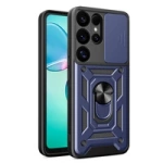 Hybrid Armor Camshield-Hülle mit Kameraabdeckung und Metallring für Samsung Galaxy S25 Ultra – blau