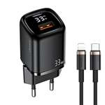 USAMS-Netzaufladung. 1xUSB-C+1xUSB T46 33W PD3.0 +QC3.0 Fast Charging +kabel U63 USB-C/Lightning schwarz/schwarz UDTZ01