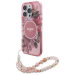 Etui Guess iPhone 16 Pro 6.3" różowy/pink hardcase IML Flowers With Pearl Strap MagSafe