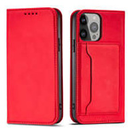 Estuche Magnet Card Case para iPhone 14 Plus con tapa abatible y soporte para billetera rojo