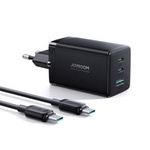 Cargador rápido Joyroom GaN 65W USB, 2x USB C negro + cable USB C - USB C 100W 1.2m (TCG01)