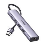Adaptador UGREEN 5en1 USB-A a 3x USB 3.0 + RJ45 + USB-C (plateado)