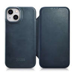 iCarer CE Oil Wax Premium Leather Folio Case Étui en cuir pour iPhone 14 Flip magnétique MagSafe Bleu (AKI14220705-BU)
