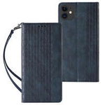 Étui à sangle aimantée pour iPhone 12 pochette portefeuille + mini lanière pendentif bleu