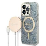 Kit Coque Guess Case+ Chargeur iPhone 14 Pro Max 6,7" bleu/bleu dur case 4G Print MagSafe