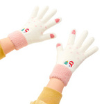 Gants de téléphone d'hiver femme avec un bonhomme de neige et un sapin de Noël - blanc et rose