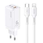 Chargeur USAMS 2xUSB-C USB-A GaN 65W MT PD Câble USB-C Apple Lightning 30W Fast Charging MTXLOGTL02 White