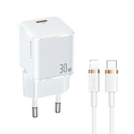 Chargement du réseau USAMS. USB-C T45 30W PD3.0 +QC3.0 Fast Charging +câble U63 USB-C/Lightning white/white UXTZH02 (USAMS-UX)