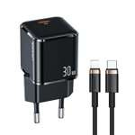 Chargeur USAMS USB-C Lightning 30W PD3.0 +QC3.0 Fast Charging +câble U63 USB-C/Lightning noir