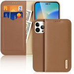 Dux Ducis Hivo Leather Flip Cover Portefeuille en cuir véritable pour cartes et documents iPhone 14 Pro Max Marron