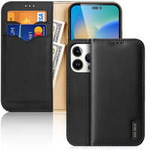 Dux Ducis Hivo Leather Flip Cover Portefeuille en cuir véritable pour cartes et documents iPhone 14 Pro Noir