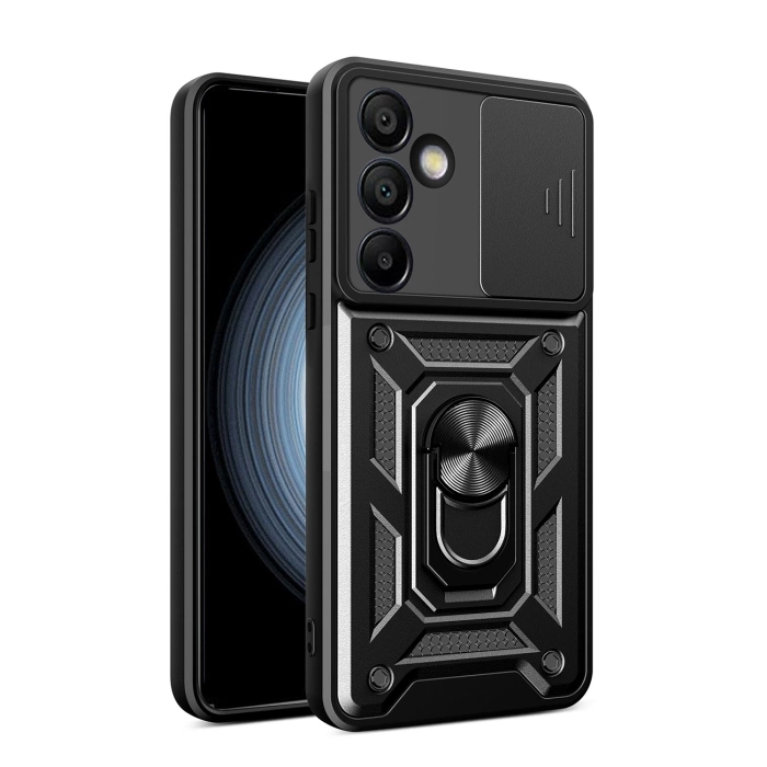 Hybrid Armor Camshield-Hülle mit Kameraabdeckung und Metallring für Samsung Galaxy S24 FE – Schwarz