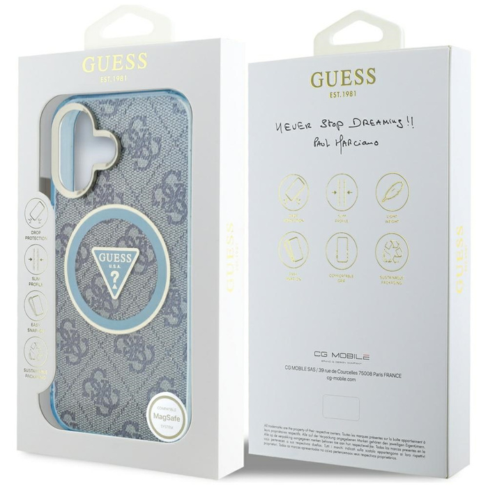 Etui Guess IML Metal Glitter 4G Circle   Triangle MagSafe do iPhone 16 niebieski
