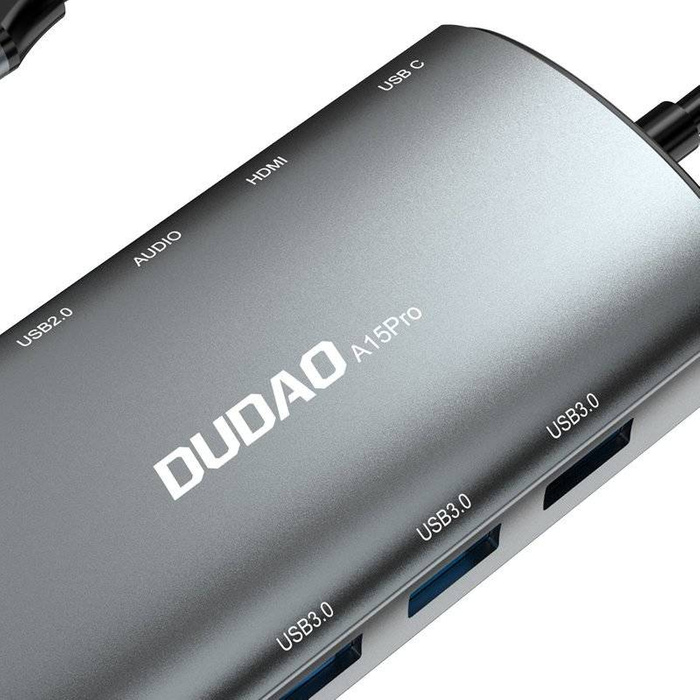 Dudao 11v1 multifunkční USB HUB typu C - USB typu C PD 60 W / HDMI / 3,5 mm mini jack / 1x USB 2.0 / čtečka karet micro SD / VGA / RJ45 / 3x USB 3.2 Gen 1 šedý (A15Pro šedý)