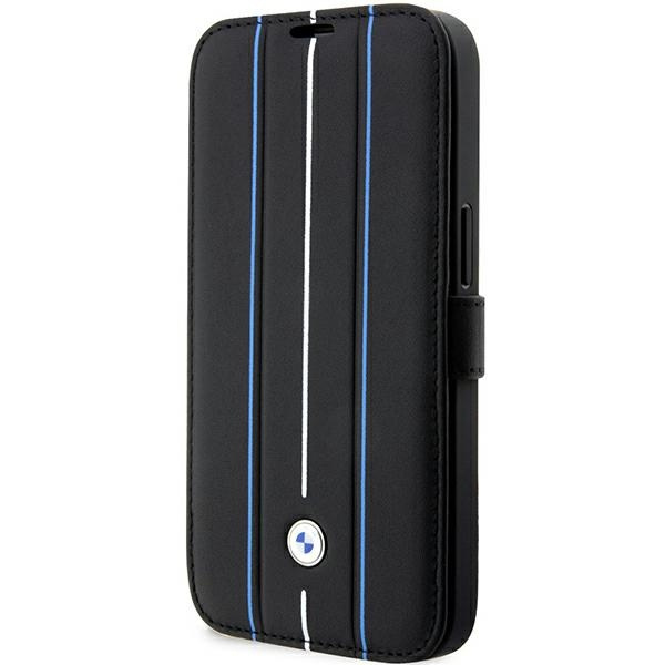Coque BMW BMBKP14X22RVSK iPhone 14 Pro Max 6.7" livre noir/noircase Tampon cuir Lignes bleues