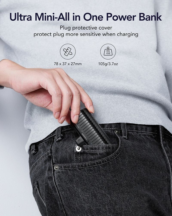 Powerbank Veger PlugOn (W0558) PD QC3.0 3A 20W 5000 mAh z wbudowanym złączem Typ C czarny