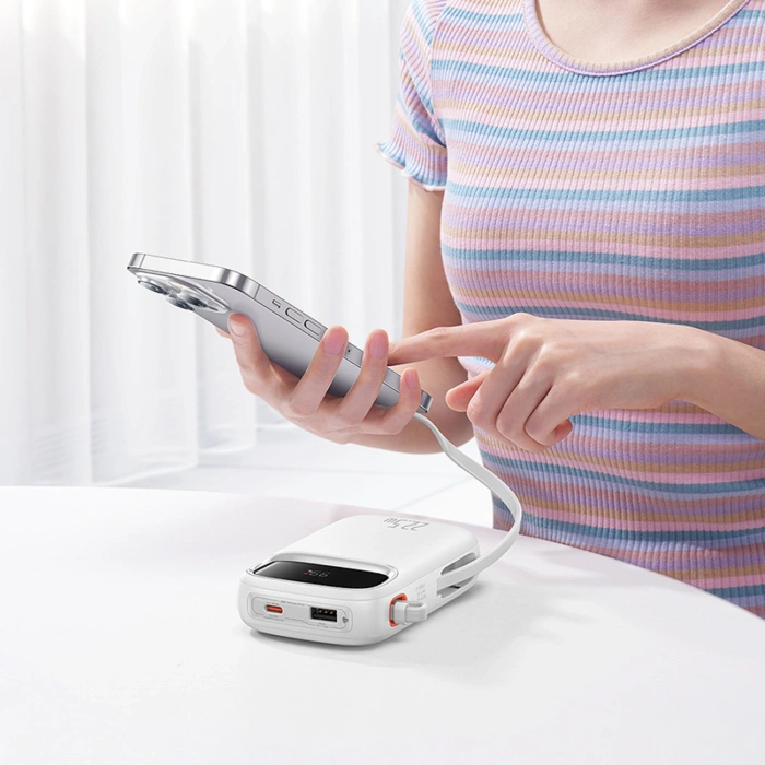 Powerbank Baseus Qpow2 20000mAh 22,5W z podwójnym kablem z wyświetlaczem cyfrowym + kabel Baseus Simple USB-C 3A 0,3m (biały) - biały