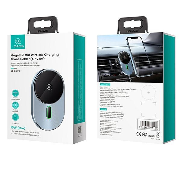 USAMS Magnetic Car Wireless Charging 15W induction Holder for the ventilation grille gray / gray CD170DZ01 (US-CD170)