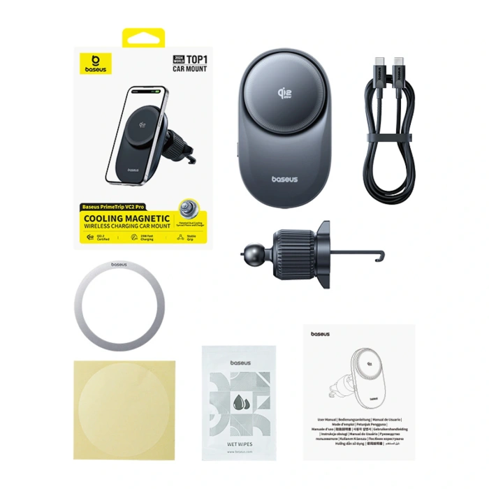 Uchwyt magnetyczny Baseus PrimeTrip VC2 Pro z ładowarką Qi2.2 z wentylatorem na kratkę nawiewu - czarny