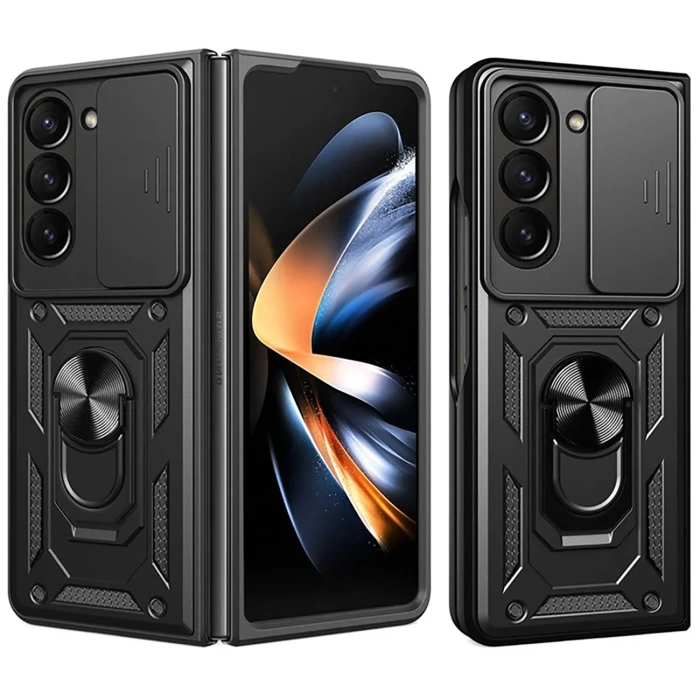 Hybrid Armor Camshield Armored Case with Stand and Camera Cover for Samsung Galaxy Z Flip 7 - Black