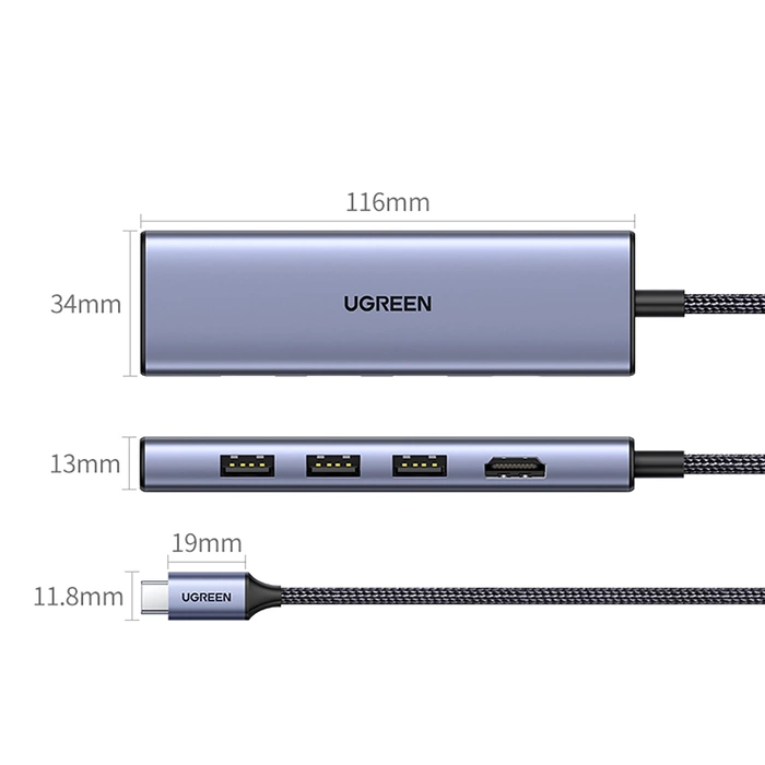 Adaptador HUB UGREEN CM511 USB-C a HDMI, 3x USB-A 3.0, SD/TF 20956A