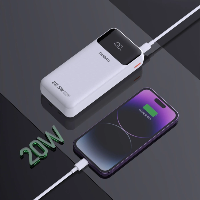 Powerbank Dudao K15Pro 20000mAh 22.5W PD USB-C / USB-A / wbudowane kable Lightning i USB-C - biały