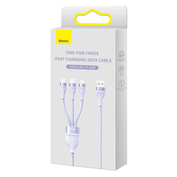 Baseus Flash Series Ⅱ 3-in-1-Kabel mit Schnellladefunktion USB-A auf USB-C / Micro-USB / Lightning 66 W 480 Mb/s 1,2 m Violett
