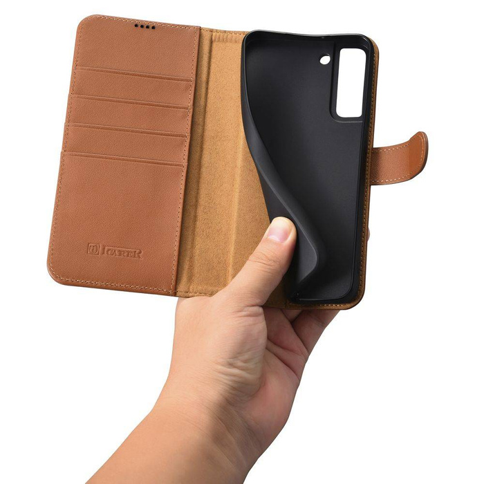 iCarer Haitang Funda de cuero tipo billetera Funda de cuero para Samsung Galaxy S22 + (S22 Plus) Funda tipo billetera marrón (AKSM05BN)