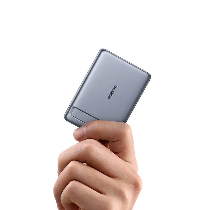 Powerbank Baseus PicoGo AM31 Qi2 5000mAh 20W ultracienki kompatybilny z MagSafe z podstawką z kablem plecionym Baseus Simple USB-C 20cm - szary