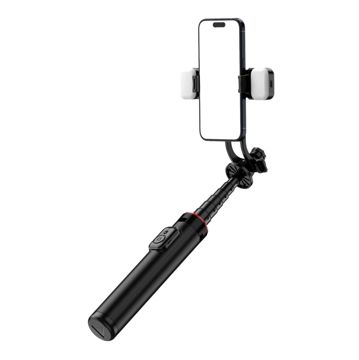Selfie Stick WC12YDS Teleskopstativ 1,3 m aus Aluminiumlegierung mit Dual-Licht und Telefonhalter – Schwarz