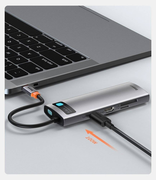Baseus Metal Gleam 8in1 multifunctional HUB USB Type C - USB Type C Power Delivery 100 W / HDMI 4K 30 Hz / SD and microSD memory card reader / 3x USB 3.2 Gen 1 / RJ45 1 Gbps Gray (CAHUB-CV0G)