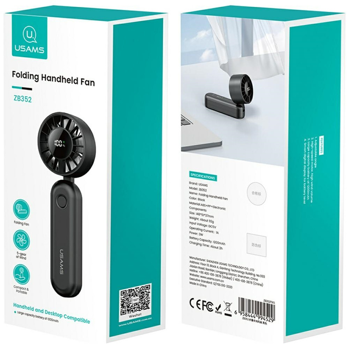Wiatrak ręczny USAMS Mini ZB352 1200mAh  składany czarny