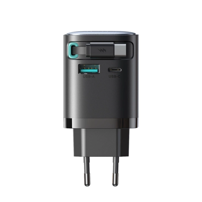 Joyroom JR-TCL02 65W USB-A USB-C GaN-Ladegerät mit integriertem USB-C-Kabel – Schwarz