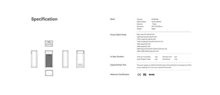 Powerbank Veger Tank Lite (W5001) PD QC3.0 5A 22,5W 50000 mAh czarny