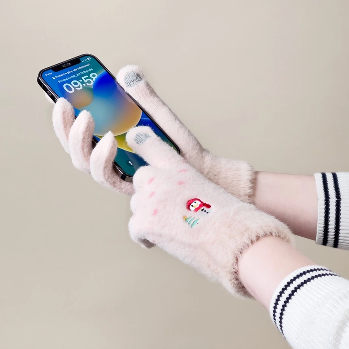 Gants de téléphone d'hiver femme avec un bonhomme de neige et un sapin de Noël - beige
