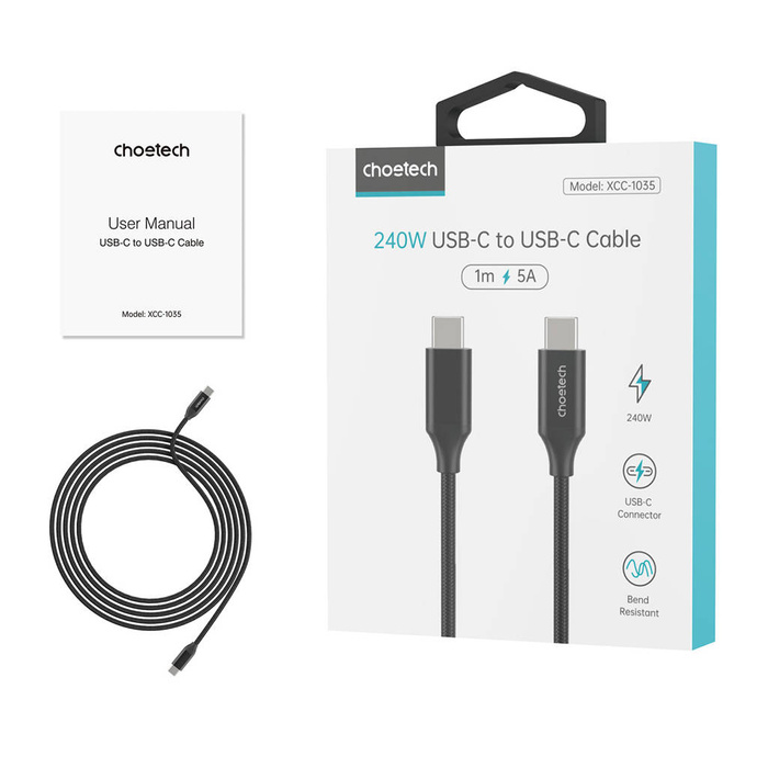 Choetech cable de carga y datos USB-C - USB-C PD3.1 240W 480 Mbps 2m negro (XCC-1036)