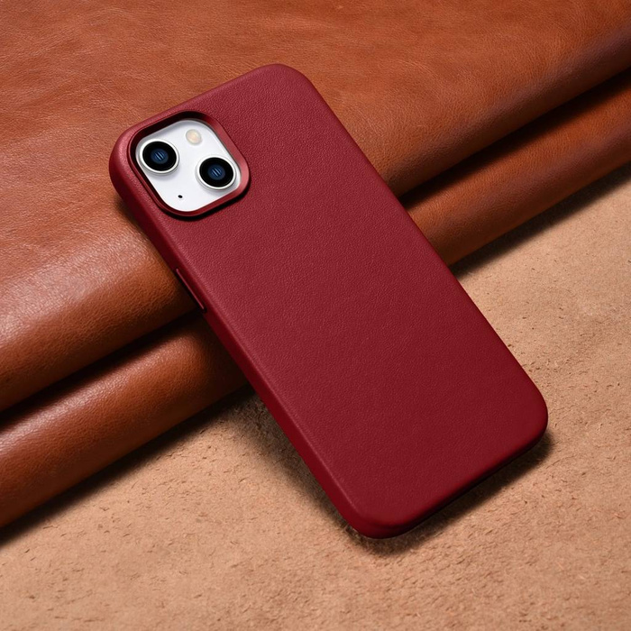 iCarer Case Leather Housse en cuir véritable pour iPhone 14 Plus rouge (compatible MagSafe)